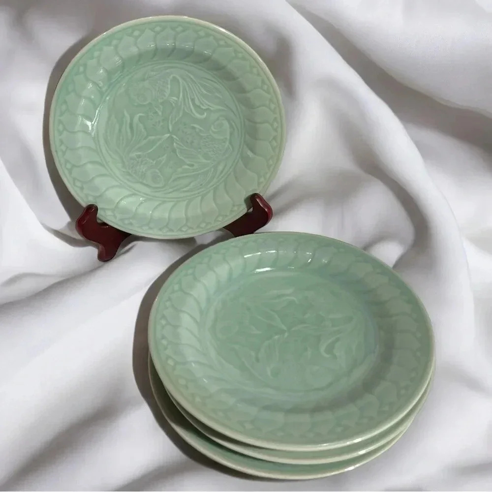 Vintage Celadon Seafoam Ceramic Koi Salad Plates